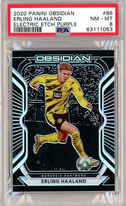 2020-21 Panini Obsidian Borussia Dortmund Erling Haaland Base Purple PSA 8 RC Parallel card 37 of 75