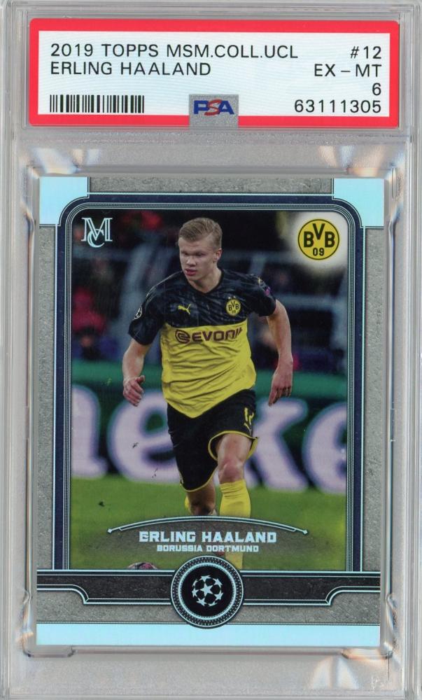 2019-20 Topps Museum UEFA Champions League Borussia Dortmund Erling Haaland Rookie Card graded PSA 6 with visible back stain