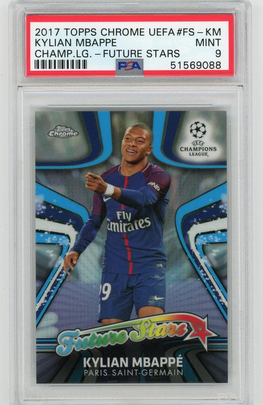 2017-18 Topps Chrome UEFA Champions League Kylian Mbappe Paris Saint-Germain Rookie Card PSA 9 with minor stain
