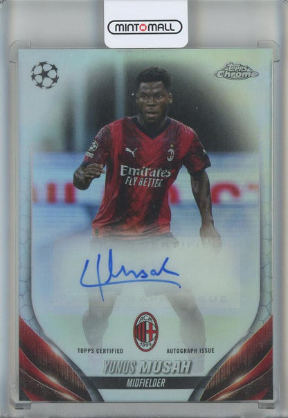 2023-24 Topps Chrome UEFA Club Yunus Musah Chrome Autograph card showing AC Milan player
