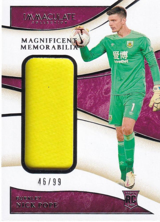 2020 Panini Immaculate Collection football card featuring Burnley goalkeeper Nick Pope numbered 46 of 99 with minor stain on back