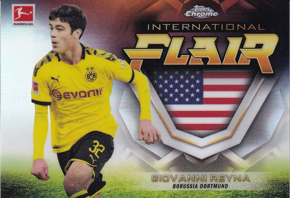 2019-20 Topps Chrome Bundesliga trading card featuring Borussia Dortmund player Giovanni Reyna with International Flair
