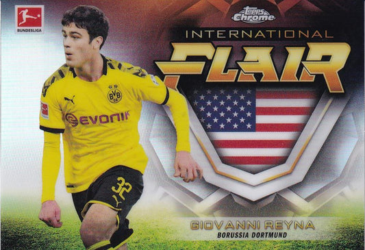 2019-20 Topps Chrome Bundesliga trading card featuring Borussia Dortmund player Giovanni Reyna with International Flair