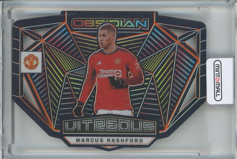 2023-24 Panini Obsidian Marcus Rashford Vitreous Electric Etch Orange card numbered 830 of 99 featuring Manchester United