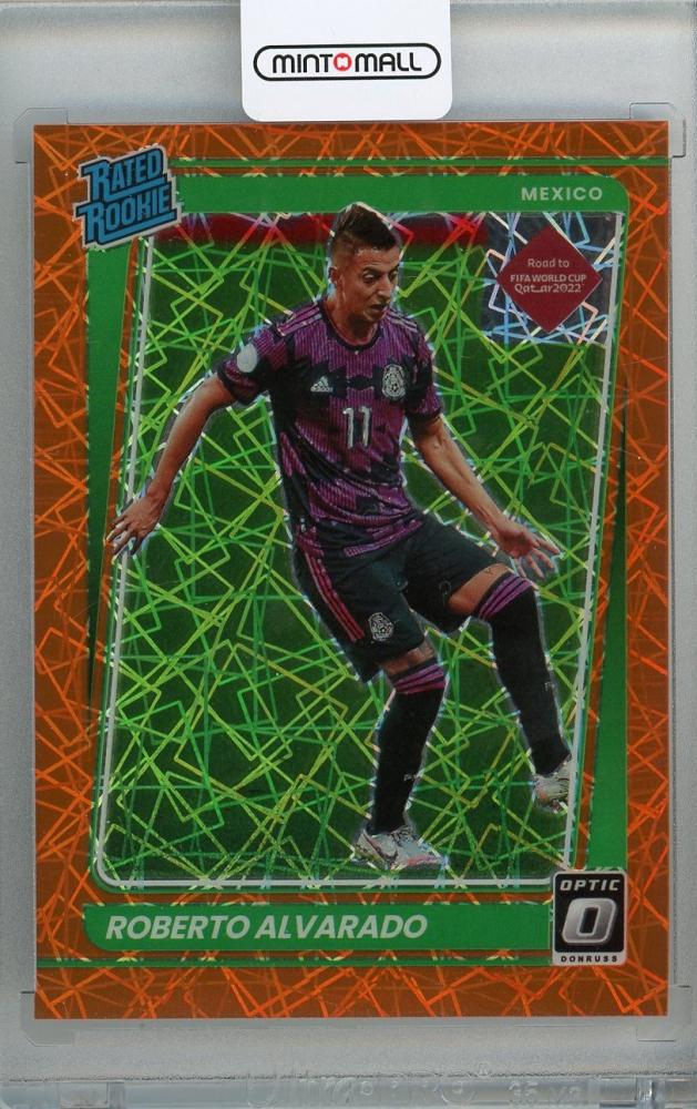 2021-22 Donruss Soccer Road to Qatar Mexico Roberto Alvarado Rated Rookie Base Optic Orange Velocity parallel card numbered 25 of 49