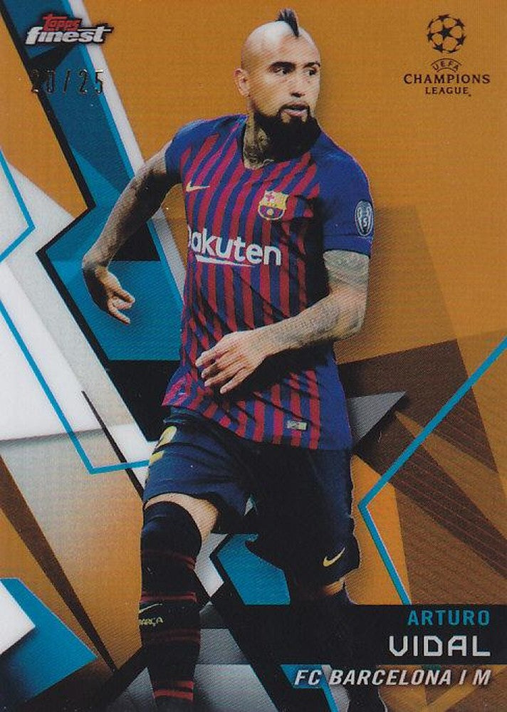2018-19 Topps Finest UEFA Champions League parallel card of Arturo Vidal in FC Barcelona orange base numbered 20 out of 25