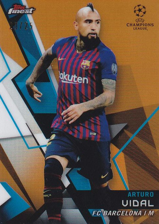 2018-19 Topps Finest UEFA Champions League parallel card of Arturo Vidal in FC Barcelona orange base numbered 20 out of 25