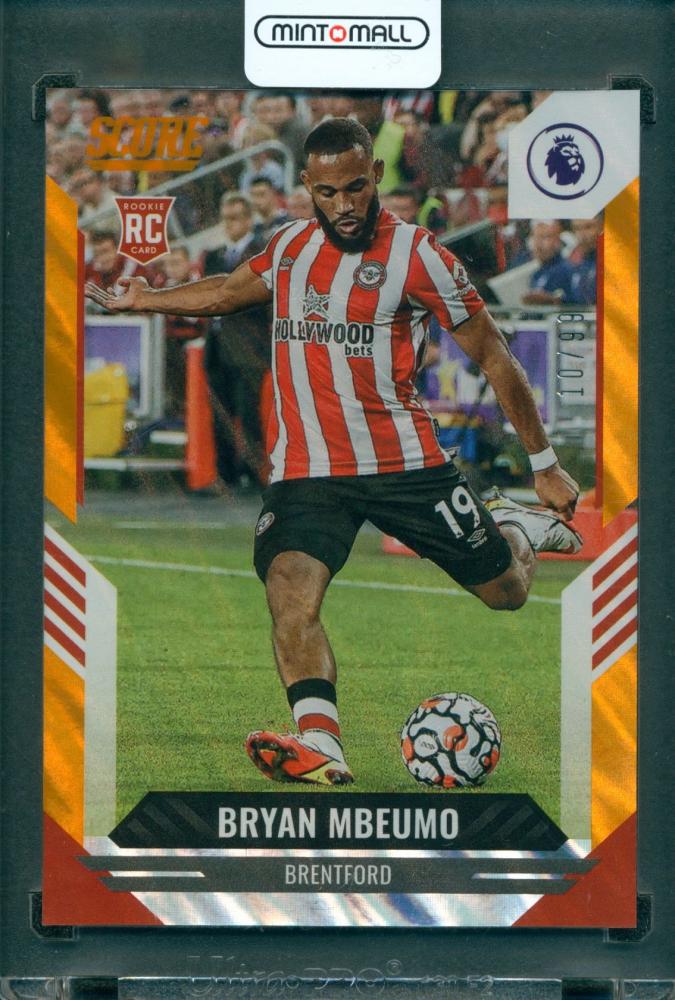 2021-22 Score Premier League Soccer trading card of Bryan Mbeumo #58 Orange Lava parallel, serial number 10 of 99, Brentford
