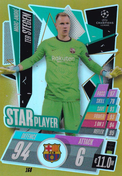 2020-21 Topps Chrome Match Attax UEFA card featuring FC Barcelona goalkeeper Marc-Andre ter Stegen Star Player Base Gold Para