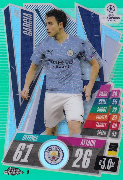 2020-21 Topps Chrome Match Attax Eric Garcia UEFA Champions League Green Parallel card serial 45 of 99