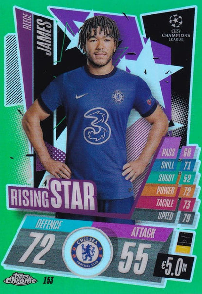 2020-21 Topps Chrome Match Attax Reece James Chelsea card serial number 62 out of 99 with green parallel design