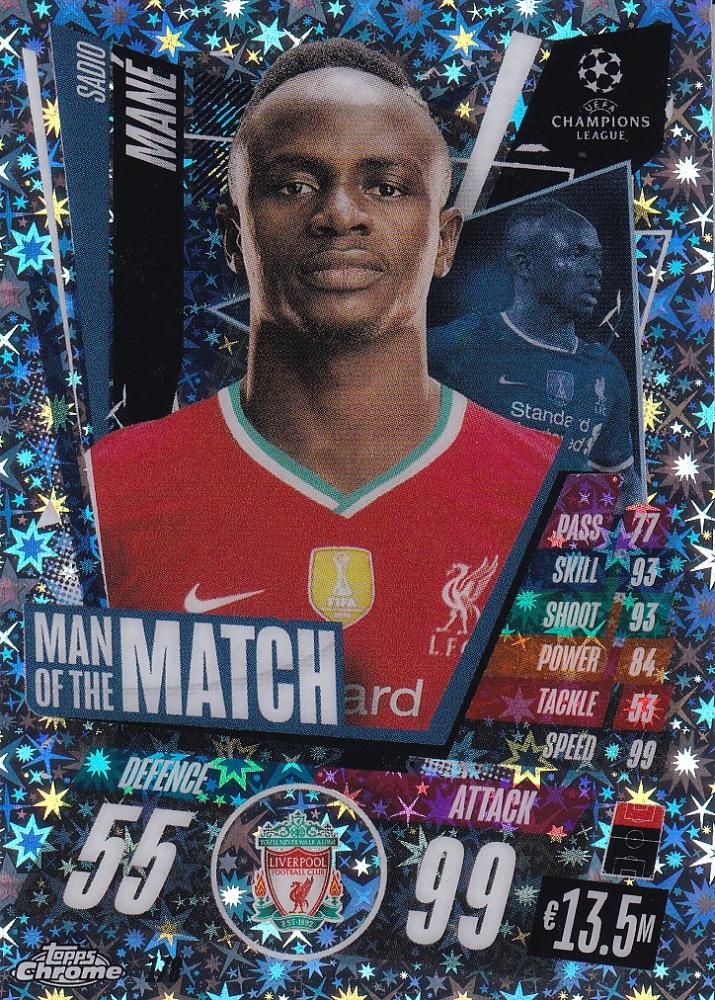 2020-21 Topps Chrome Match Attax Sadio Mane Man of the Match Base X-Fractor parallel card