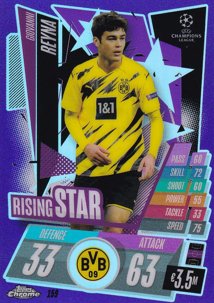 2020-21 Topps Chrome Match Attax UEFA Champions League Borussia Dortmund Giovanni Reyna Rising Star Purple card
