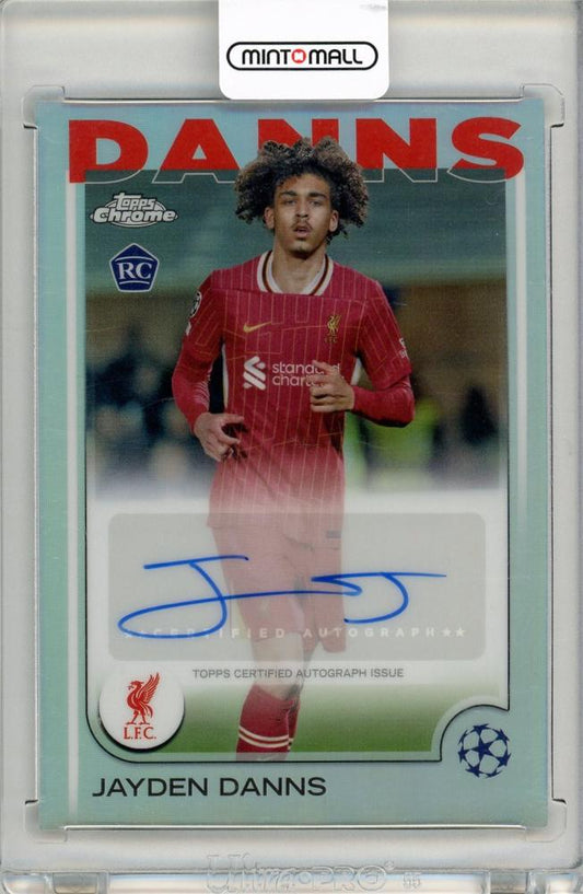 2024-25 Topps Chrome UEFA Club Competitions trading card featuring Jayden Danns Rookie Autograph Liverpool FC