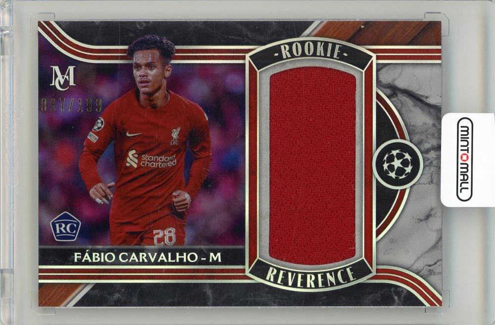 2022-23 Topps Museum Collection UEFA Champions League Fabio Carvalho Rookie Reverence Relics card serial 087 of 199 Liverpool FC
