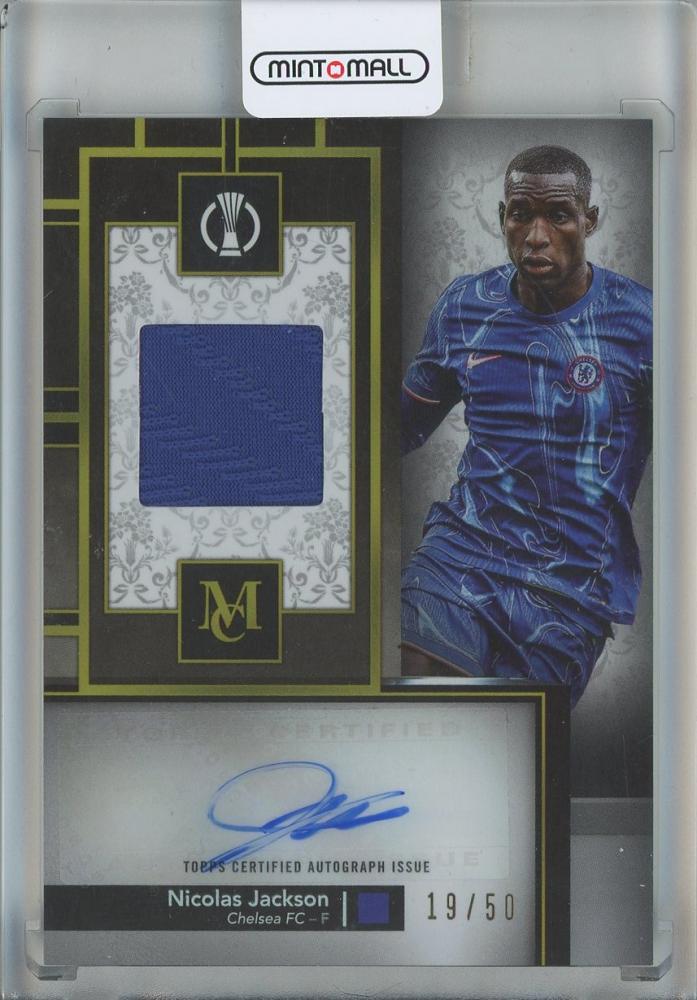 2024-25 Topps Museum Collection autographed relic card of Nicolas Jackson from Chelsea FC, numbered MARNJ19/50