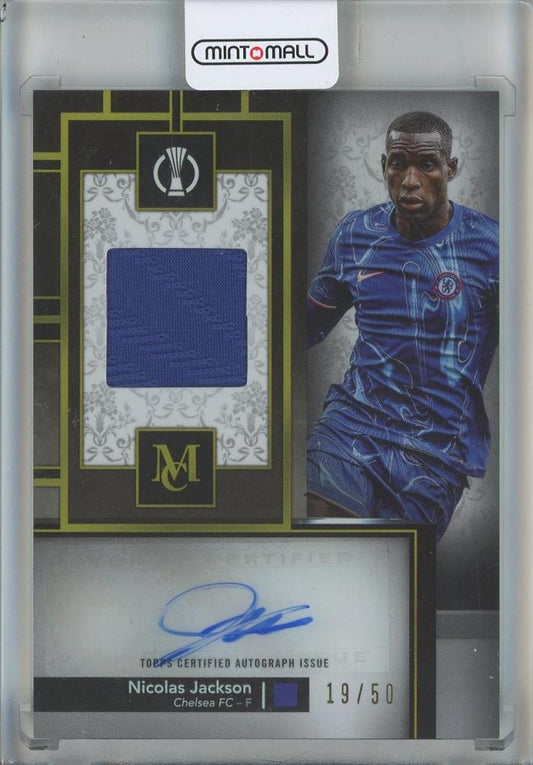 2024-25 Topps Museum Collection autographed relic card of Nicolas Jackson from Chelsea FC, numbered MARNJ19/50