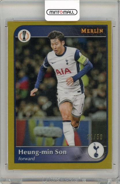 2024-25 Topps Merlin UEFA Club Competitions Heung-Min Son Gold Refractor trading card numbered 21 of 50
