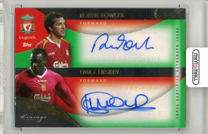 2022-23 Topps Liverpool FC Team Set with Robbie Fowler and Emile Heskey green dual autograph card numbered 22 of 50