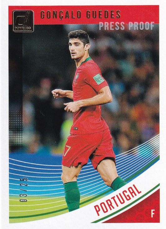 2018-19 Donruss Soccer Portugal Goncalo Guedes Base Canvas Parallel trading card numbered 03/25 with minor stain on back