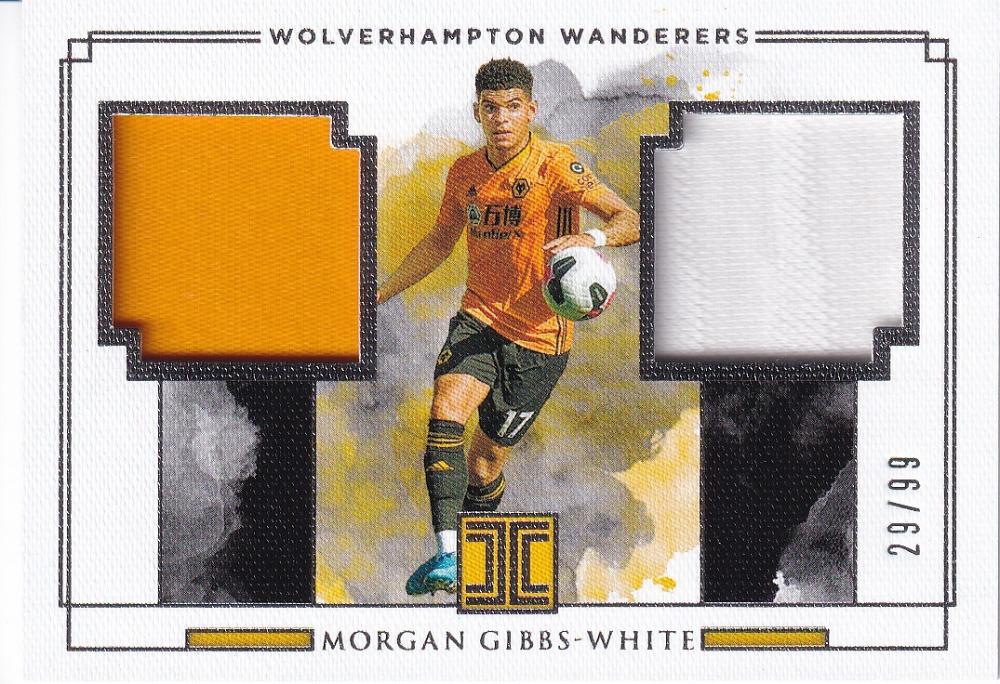 2019-20 Panini Impeccable Premier League Wolverhampton Morgan Gibbs-White dual materials numbered 29 of 99 trading card