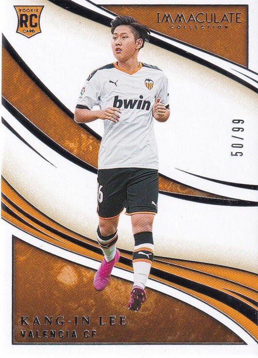 2020 Panini Immaculate Collection Kang-in Lee Valencia CF trading card numbered 50 of 99 with minor stain on back