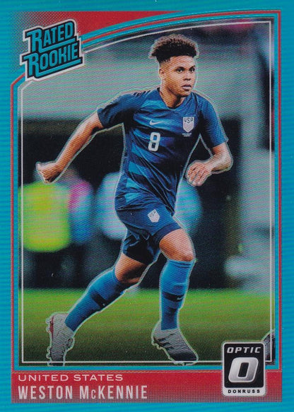 2018-19 Donruss United States Weston McKennie Base Rated Rookie Aqua Parallel card serial 077 out of 149