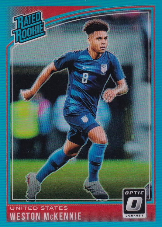2018-19 Donruss United States Weston McKennie Base Rated Rookie Aqua Parallel card serial 077 out of 149