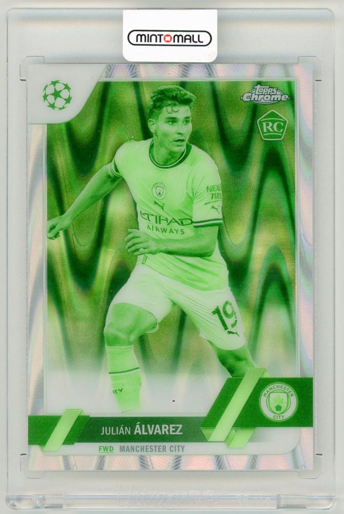 2022-23 Topps Chrome UEFA Club Competitions card of Julian Alvarez Night Vision Ray Wave Refractor 23 out of 225 Manchester City
