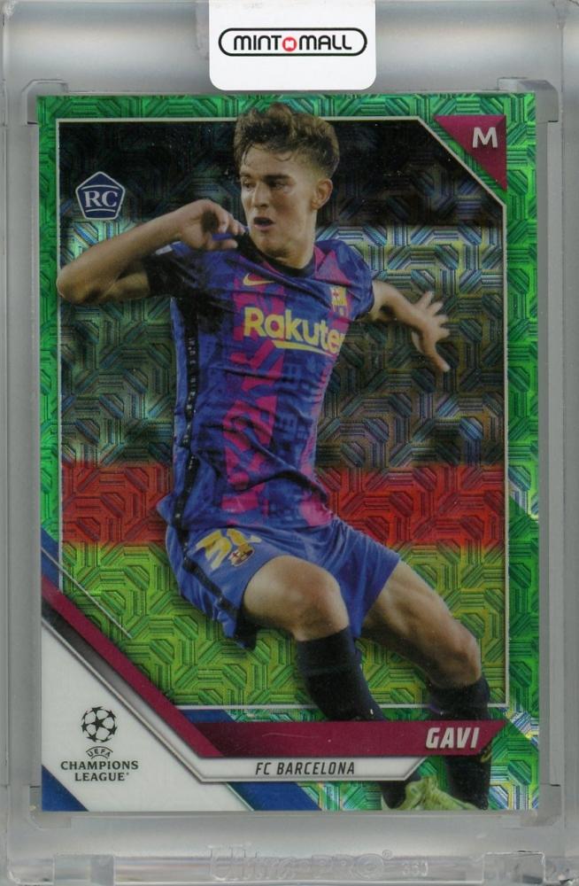 2021-22 Topps UEFA Champions League Japan Edition Gavi Green Mojo #108 rookie card serial 30/99 from FC Barcelona with minor stain on back