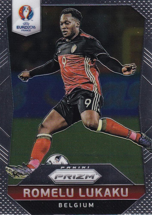2016 Panini Prizm Euro Belgium Romelu Lukaku Base trading card featuring Romelu Lukaku in Belgium uniform
