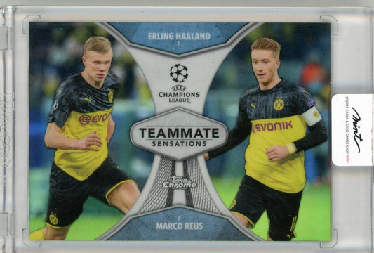 2019 Topps Chrome trading card featuring Erling Haaland and Marco Reus Teammate Sensations