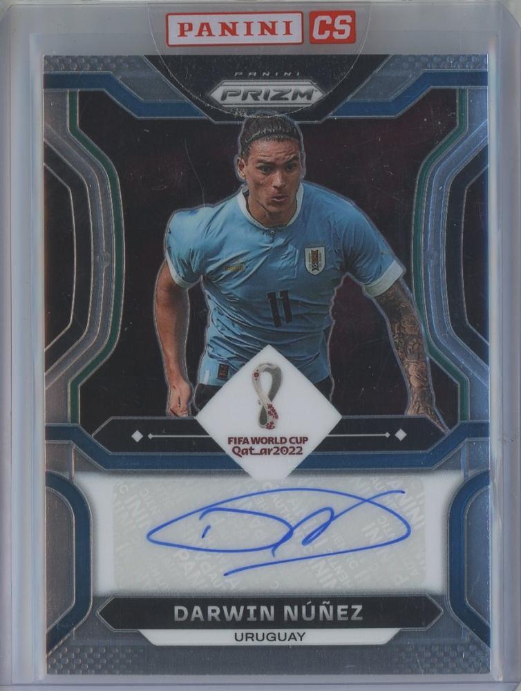 2022 Panini Prizm FIFA World Cup Qatar soccer card featuring Darwin Nunez autograph with visible wear