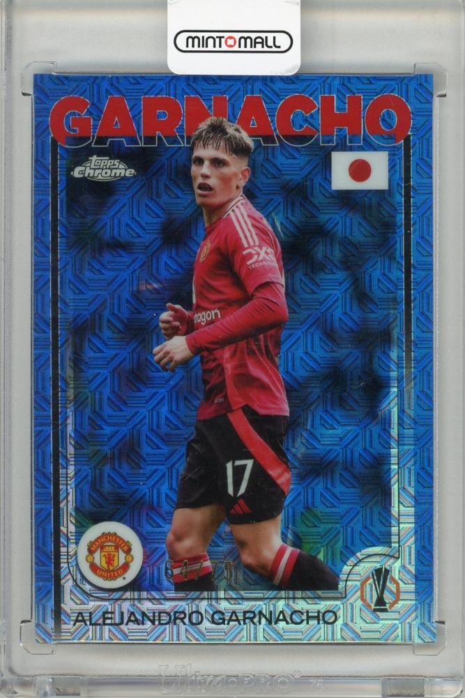 2024-25 Topps Chrome UEFA Alejandro Garnacho Blue Mojo Refractor card serial number 64 of 75 from Manchester United