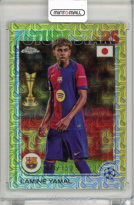 2024-25 Topps UEFA Japan Edition Lamine Yamal Yellow Mojo Refractor numbered 114 of 150 FC Barcelona trading card