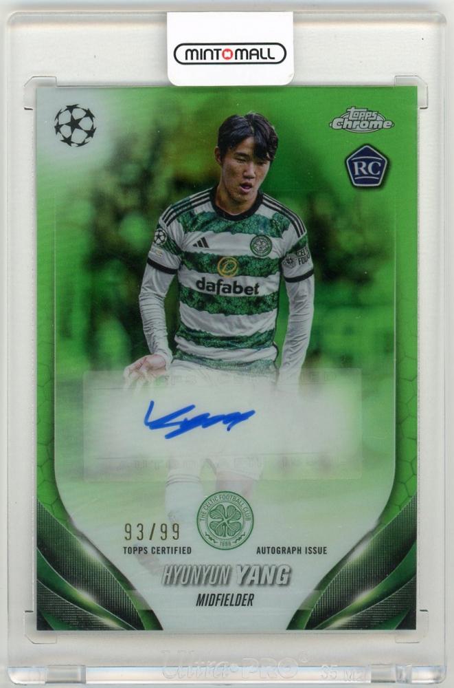 2023-24 Topps Chrome UEFA Club Competitions trading card of Hyunyun Yang with Neon Green Refractors autograph numbered 93 of 99