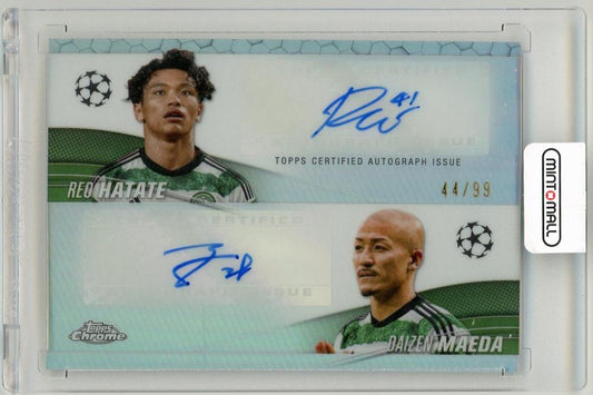 2023-24 Topps Chrome UEFA Club Competitions trading card featuring Daizen Maeda Reo Hatate dual autographs 44 of 99