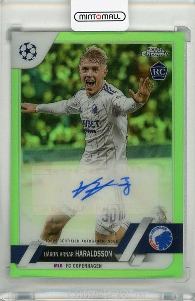 2022-23 Topps Chrome UEFA Club Competitions Neon Green Refractor autograph card of Hakon Arnar Haraldsson #CAHH27/99