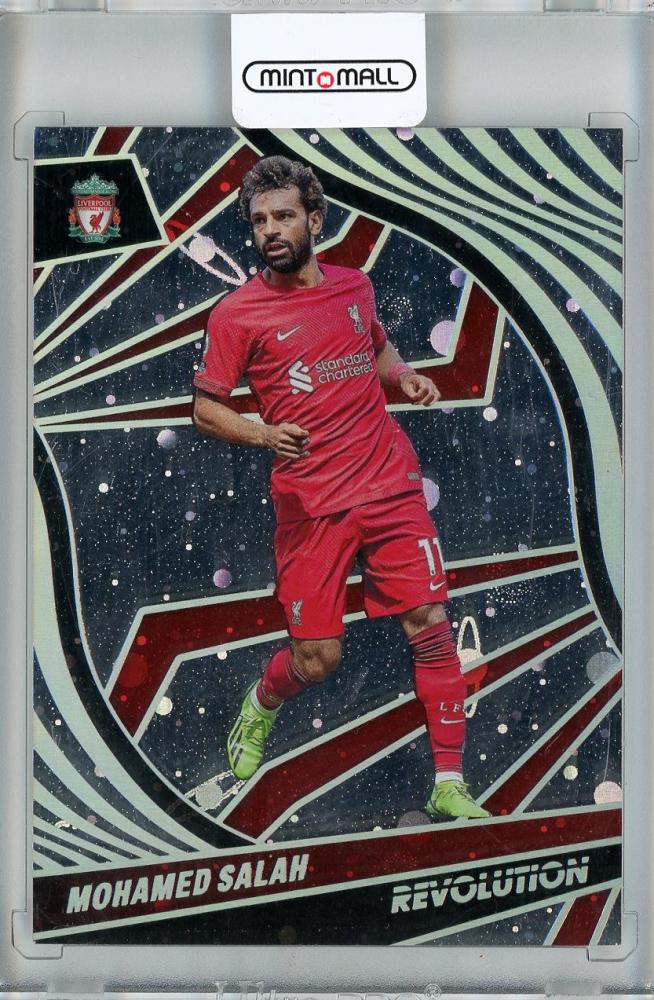 2022-23 Panini Revolution Premier League Soccer card of Mohamed Salah with Cosmic parallel numbered 06 out of 25