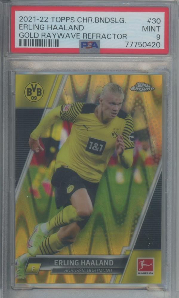 2021-22 Topps Chrome Bundesliga Erling Haaland Gold RayWave Refractors #30PSA9 trading card graded PSA9 from Borussia Dortmund