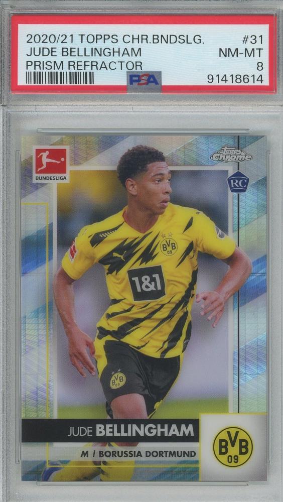 2020-21 Topps Chrome Bundesliga Jude Bellingham Prism Refractors card graded PSA8 featuring Borussia Dortmund