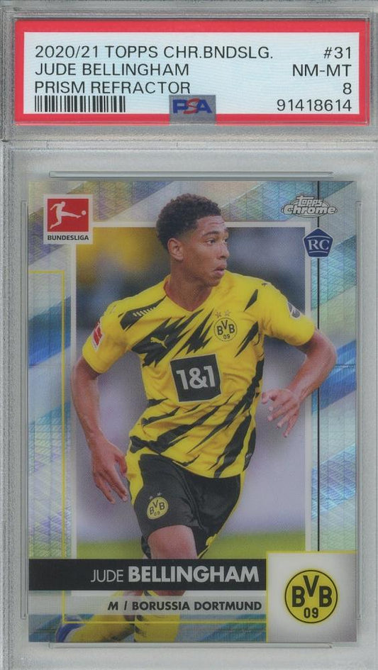 2020-21 Topps Chrome Bundesliga Jude Bellingham Prism Refractors card graded PSA8 featuring Borussia Dortmund