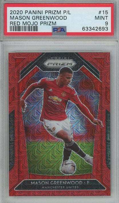 2020-21 Panini Prizm EPL Mason Greenwood Red Mojo card graded PSA9 Manchester United