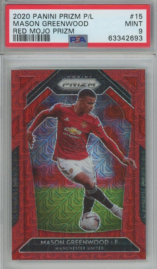 2020-21 Panini Prizm EPL Mason Greenwood Red Mojo card graded PSA9 Manchester United