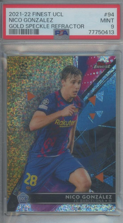 2021-22 Finest UEFA Champions League Nico Gonzalez Gold Speckle Refractors trading card graded PSA9 FC Barcelona