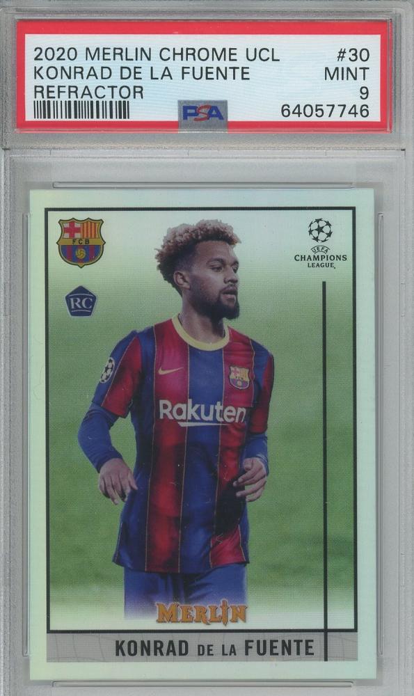 2020-21 Merlin UEFA Champions League Konrad de la Fuente Refractors card graded PSA9 with serial number 30