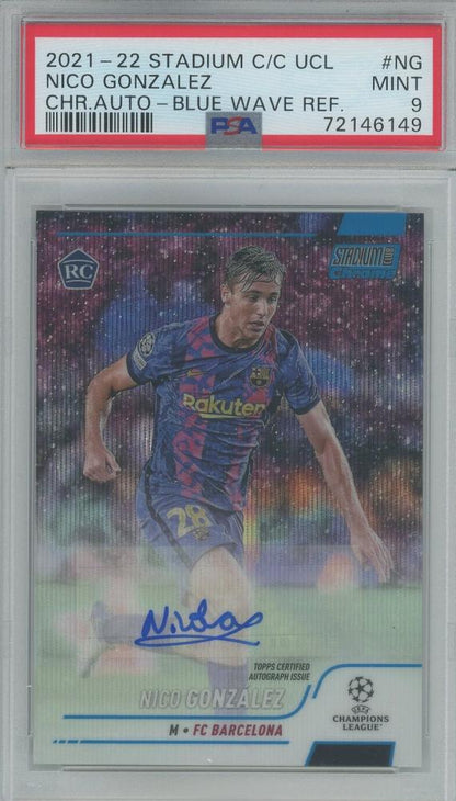 2021-22 Stadium Club Chrome UEFA Champions League Nico Gonzalez Autographs Blue Wave card graded PSA9 FC Barcelona