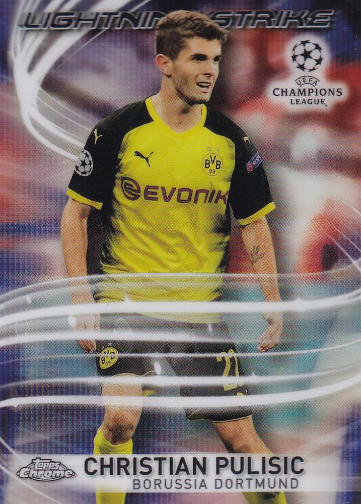 2017-18 Topps Chrome UEFA Champions League trading card of Borussia Dortmund player Christian Pulisic Lightning Strike