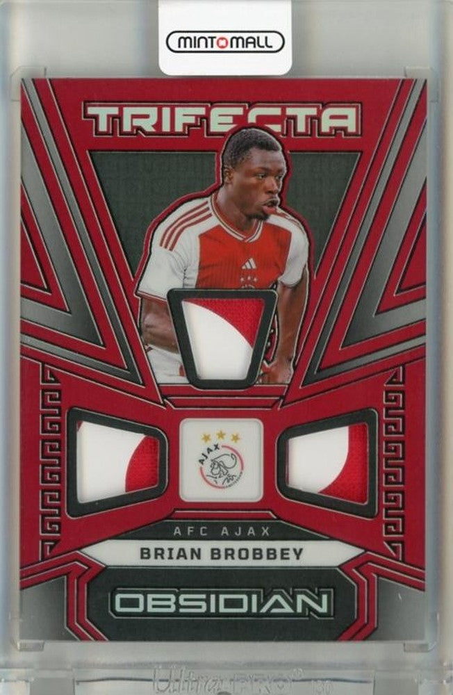 2023-24 Panini Obsidian Brian Brobbey Trifecta Material Electric Etch Red Flood trading card #3104/10 with visible damage