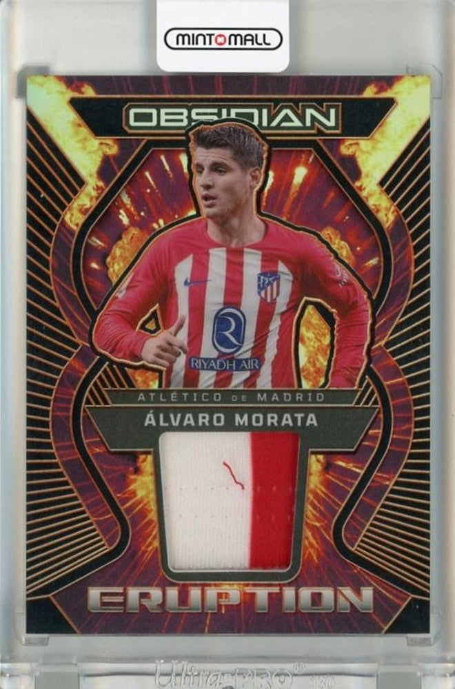 2023-24 Panini Obsidian Alvaro Morata Eruption Jerseys Electric Etch Orange card serial numbered 650 of 99